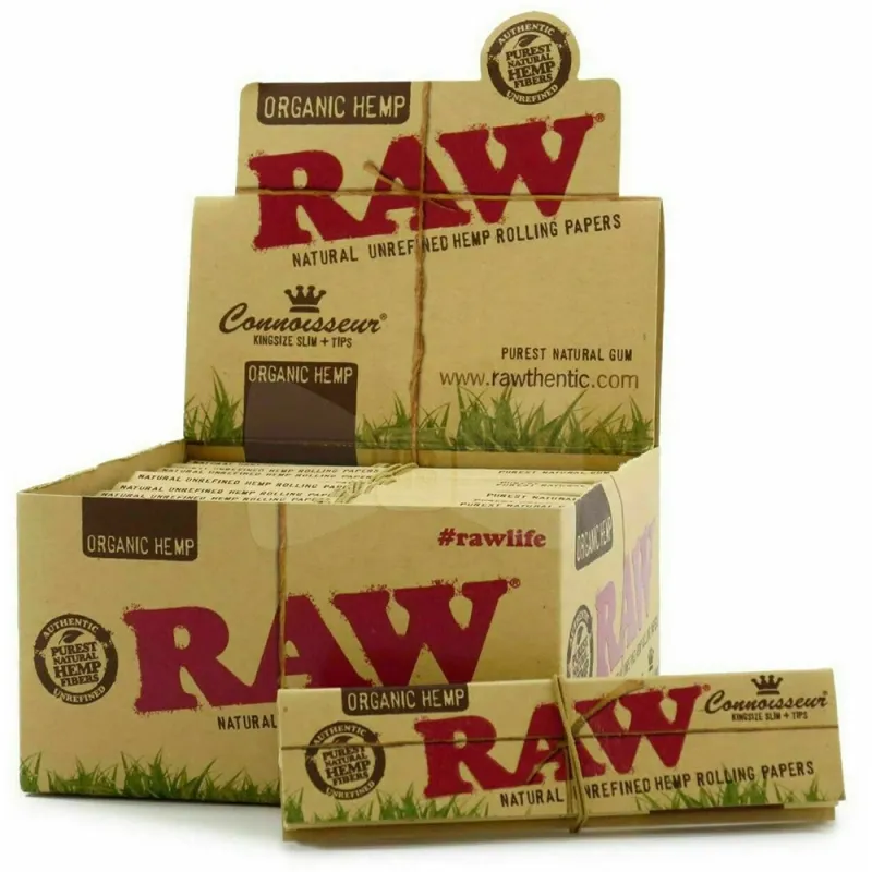 Raw Organic Hemp Connoisseur King Size Slim Rolling Paper + Tips (Pack of 24)