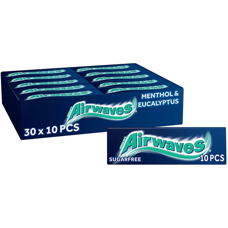 Airwaves 10 Pieces Sugar Free Gum Menthol Eucaliptus Blue (Pack of 30)