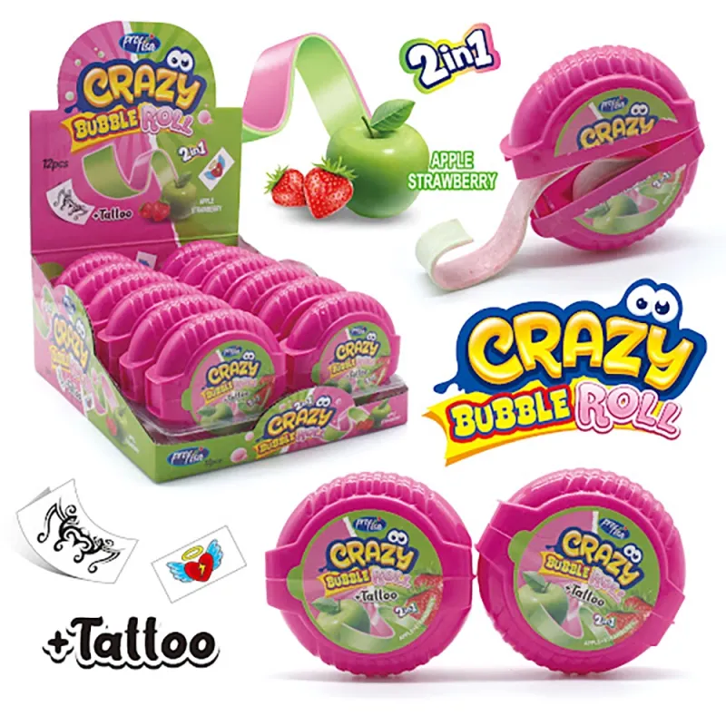 Profisa Crazy Bubble Roll 2 in 1 (Bubble + Tattoo) 30g Apple Strawberry (Pack of 12)