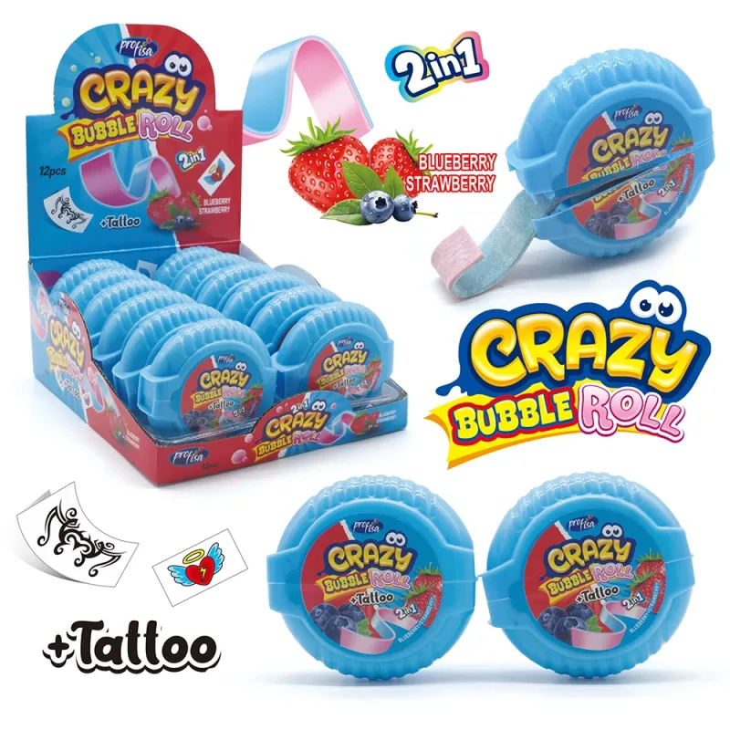 Profisa Crazy Bubble Roll 2 in 1 (Bubble + Tattoo) 30g Blueberry Strawberry (Pack of 12)