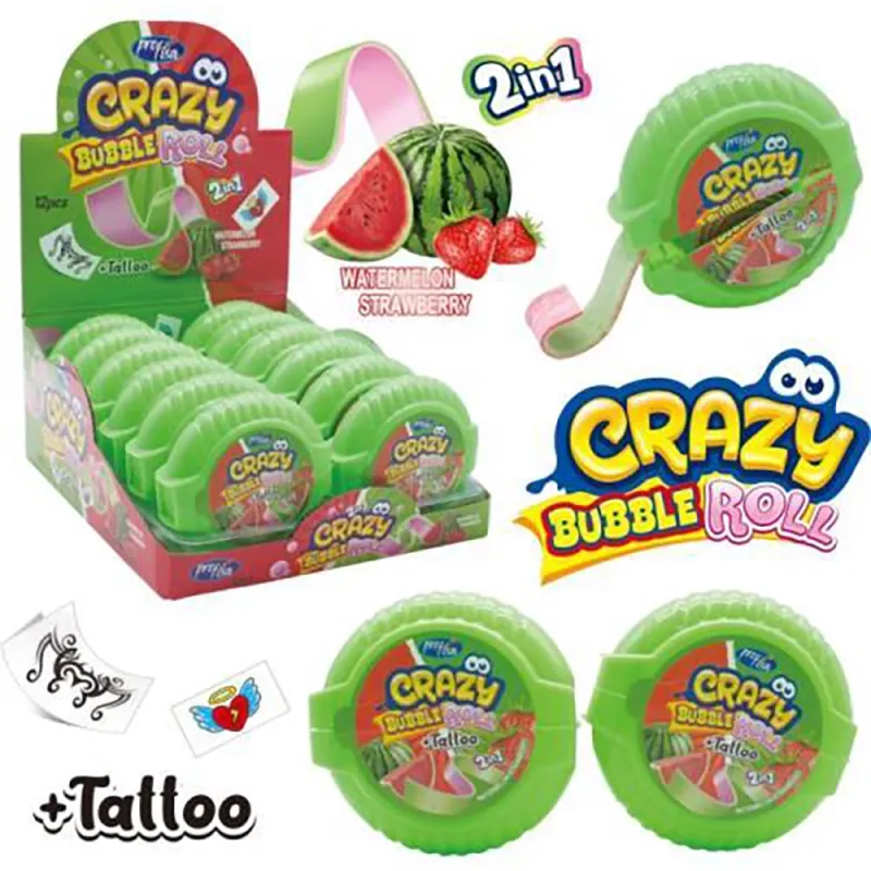 Profisa Crazy Bubble Roll 2 in 1 (Bubble + Tattoo) 30g Watermelon Strawberry (Pack of 12)