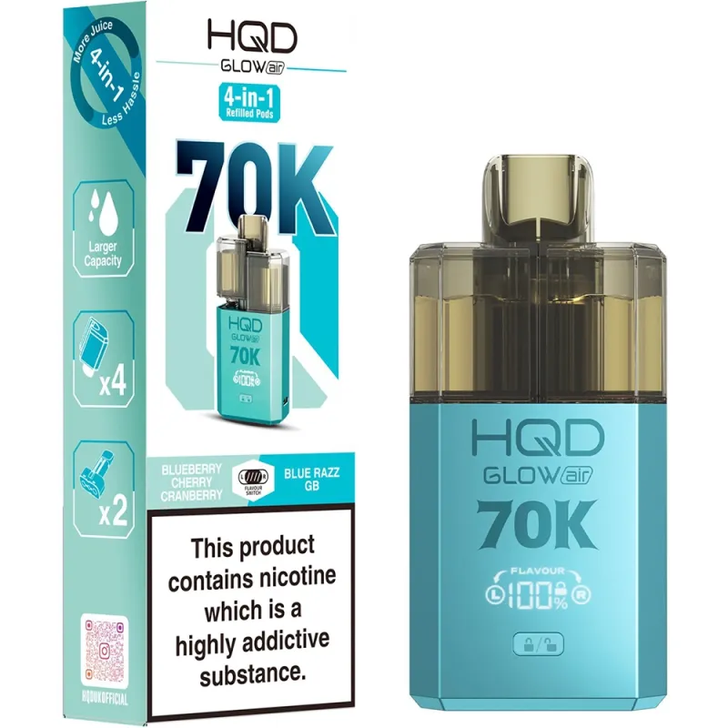 HQD Glow Air 70,000 Puffs Kits Blueberry Cherry Cranberry & Blue Razz Gummy Bear