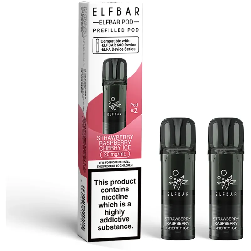 Elfbar 600 Puffs Prefilled Pods Strawberry Raspberry Cherry Ice